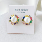 Candy Shop Pearl Multi Crystal Halo Gold Stud Earrings