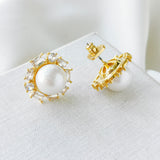 Candy Shop Pearl Clear Crystal Halo Gold Stud Earrings